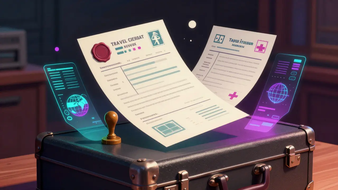 Stylized travel documents and passport on a table