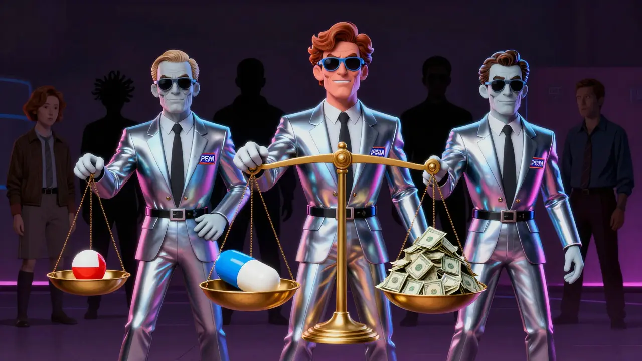 Three corporate middlemen with PBM logos balance a tiny pill against a mountain of cash, while patients shrink into shadows.