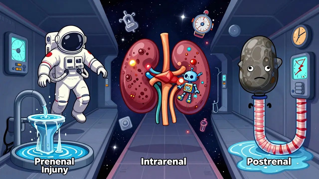 Three sci-fi pathways illustrating prerenal, intrarenal, and postrenal causes of kidney injury.