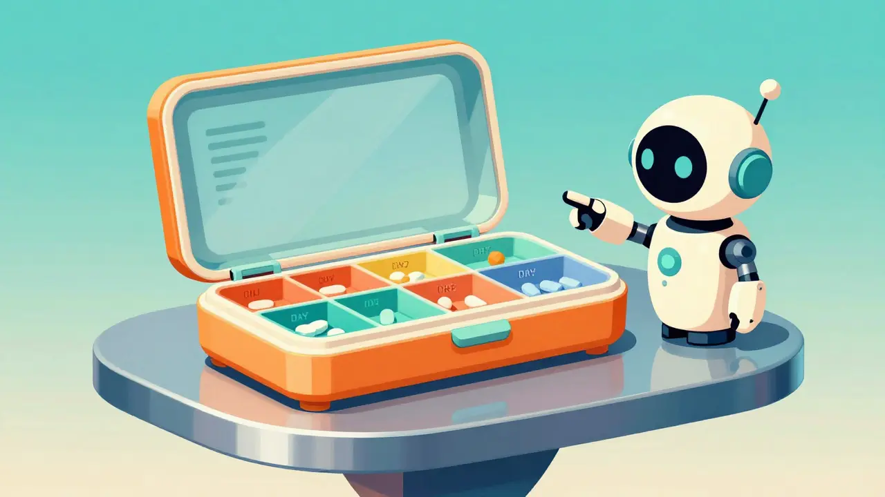 A colorful pill organizer and a small robot assistant in a mid-century futuristic setting.