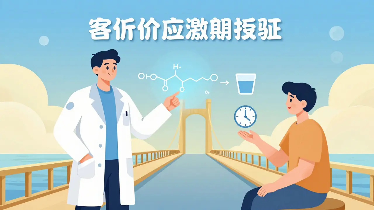 A doctor explaining a complex drug formula to a patient using simple, floating icons.