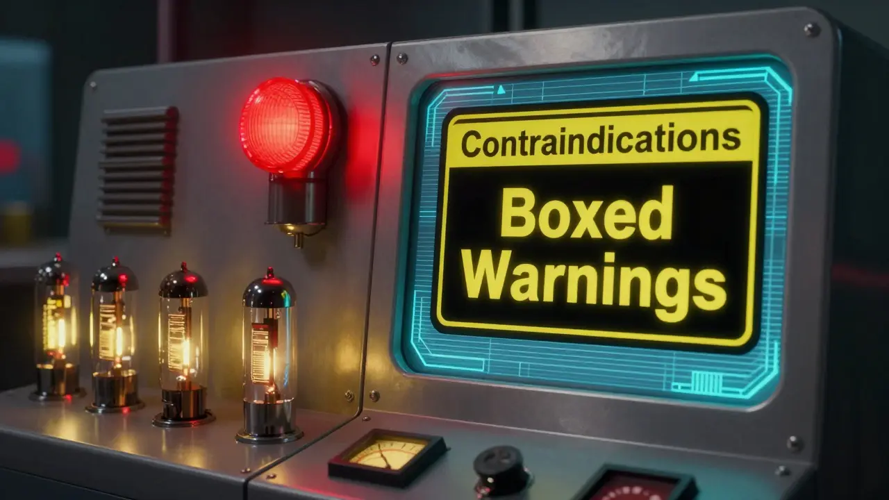 A futuristic control panel with a prominent red warning light and a black warning box.