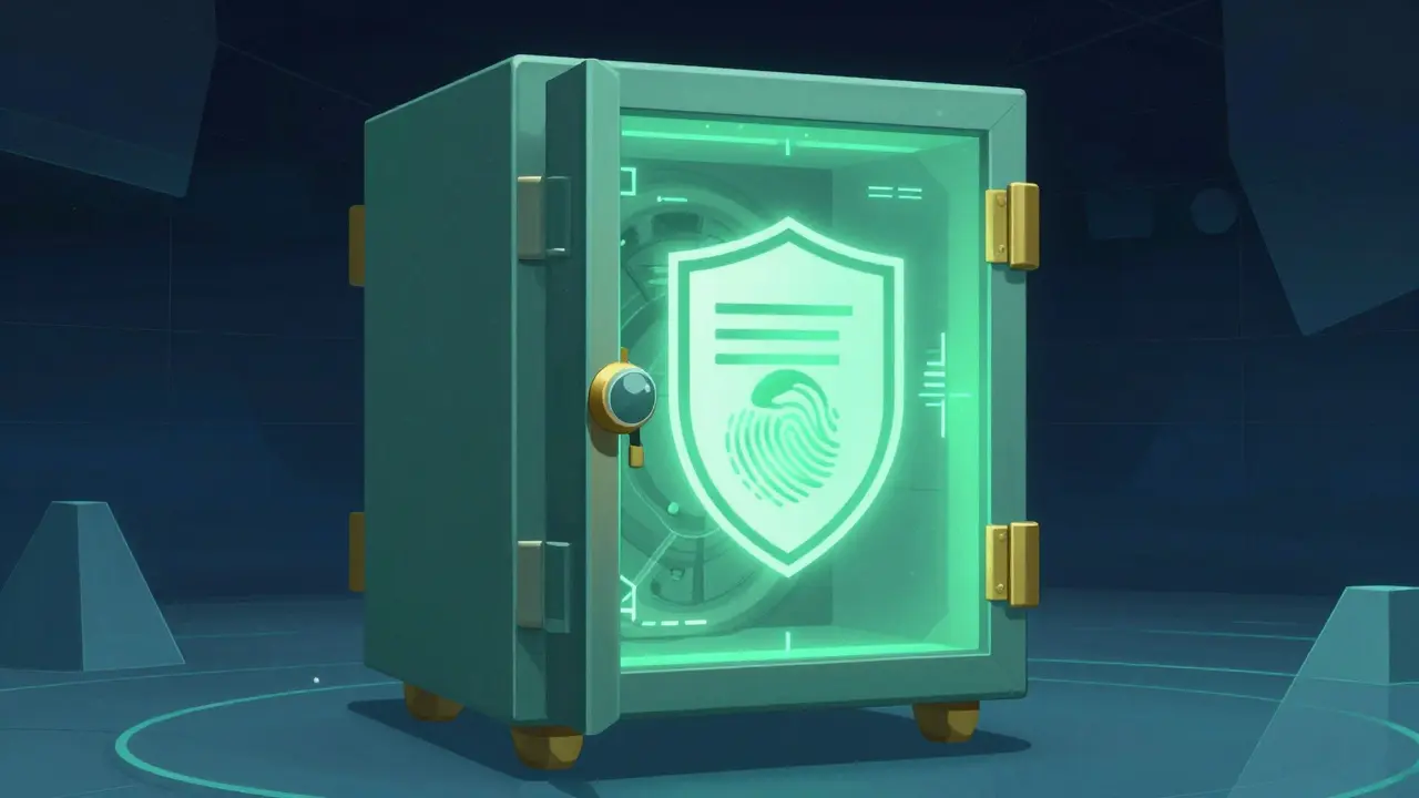 A glowing digital vault with a biometric scanner protecting a secure pharmacy record.