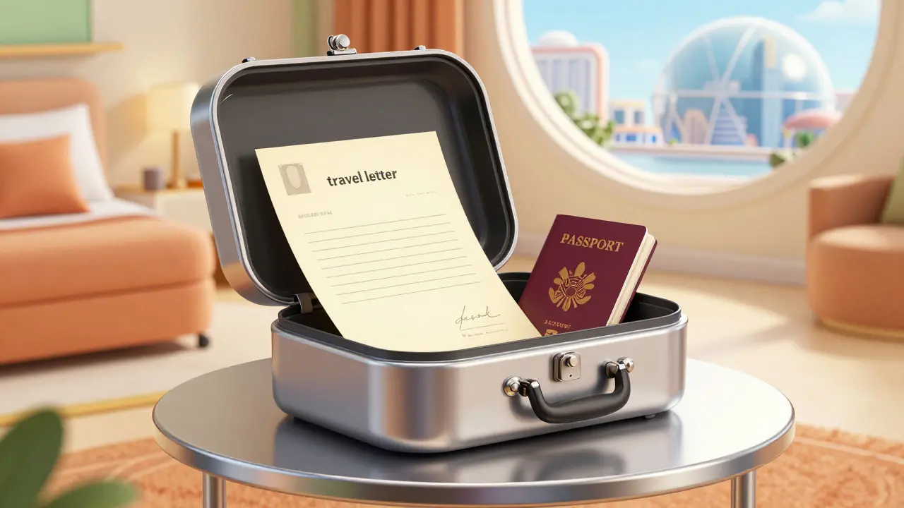 A locked retro-futuristic travel organizer containing a doctor's travel letter and a passport.