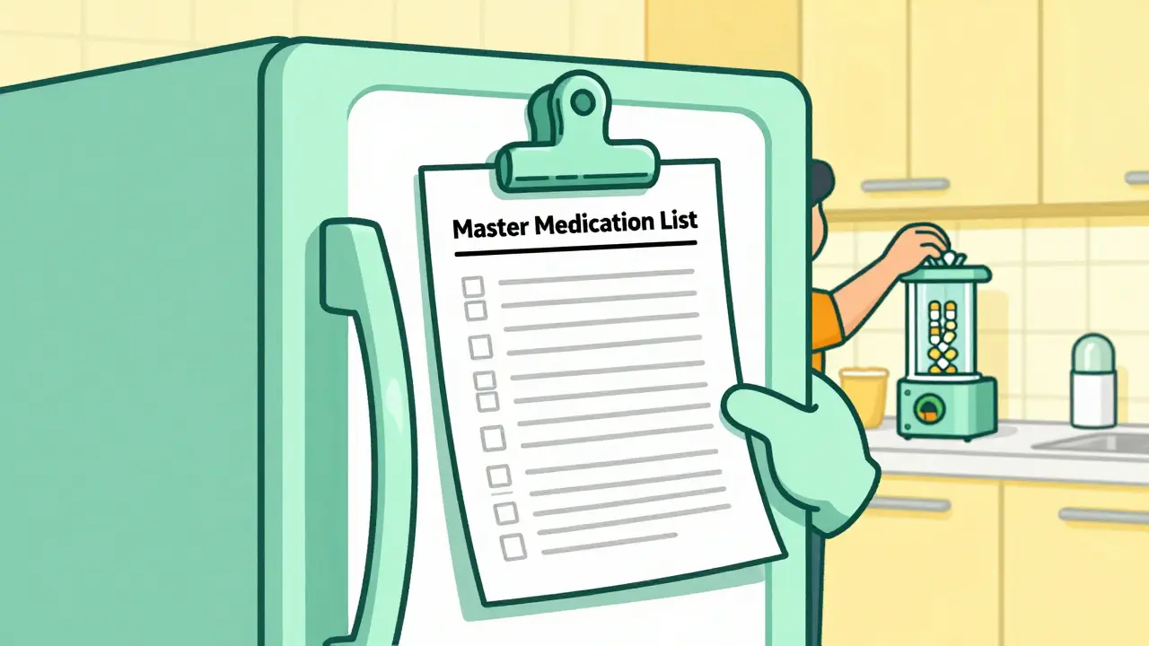 A master medication list attached to a futuristic refrigerator in a bright, orderly kitchen.