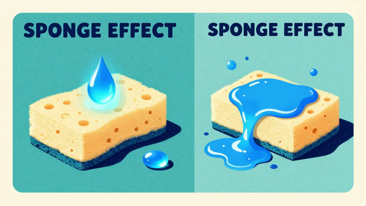 Conceptual illustration of a sponge absorbing glowing blue liquid to show receptor saturation.