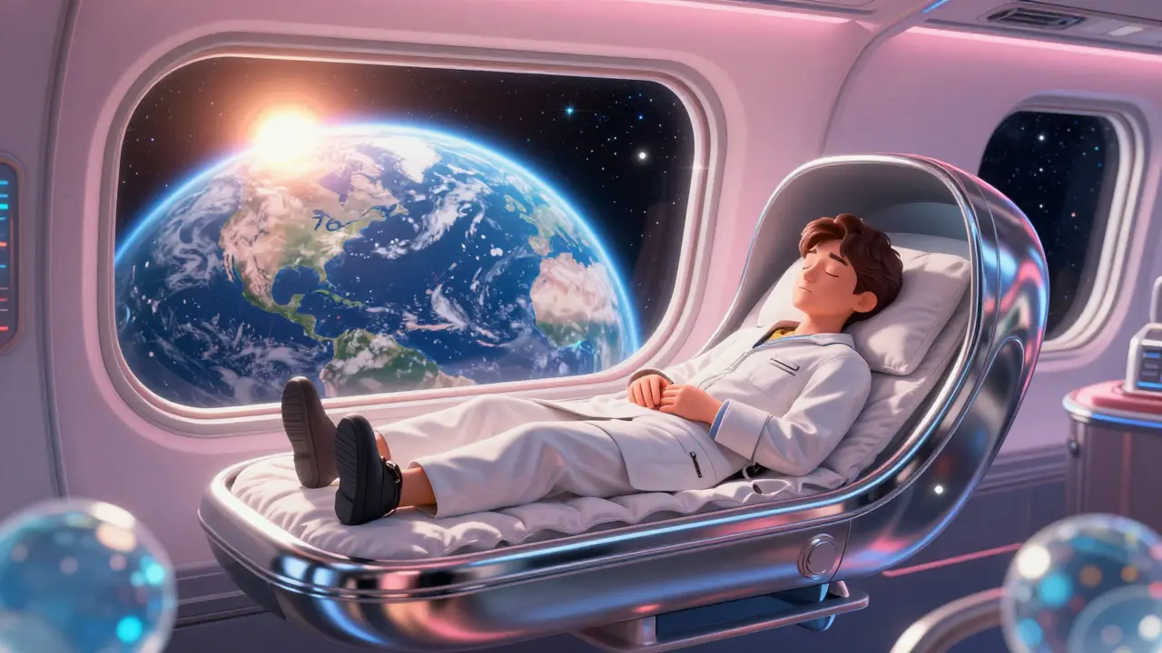 Futuristic traveler sleeping in a chrome pod with Earth's day and night cycle in the background.